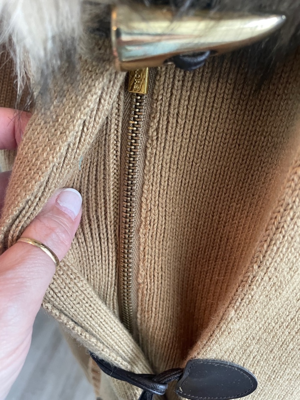 Michael Kors Camel Knit Toggle Cardigan with Faux-Fur Hood Trim - Picture 8 of 8